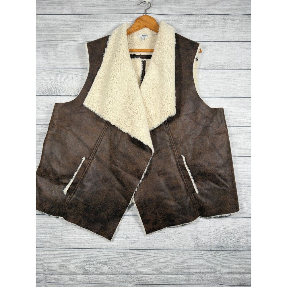 Sonoma Goods For Life Womens 3X Brown Faux Suede Sherpa Lined Vest Bin H